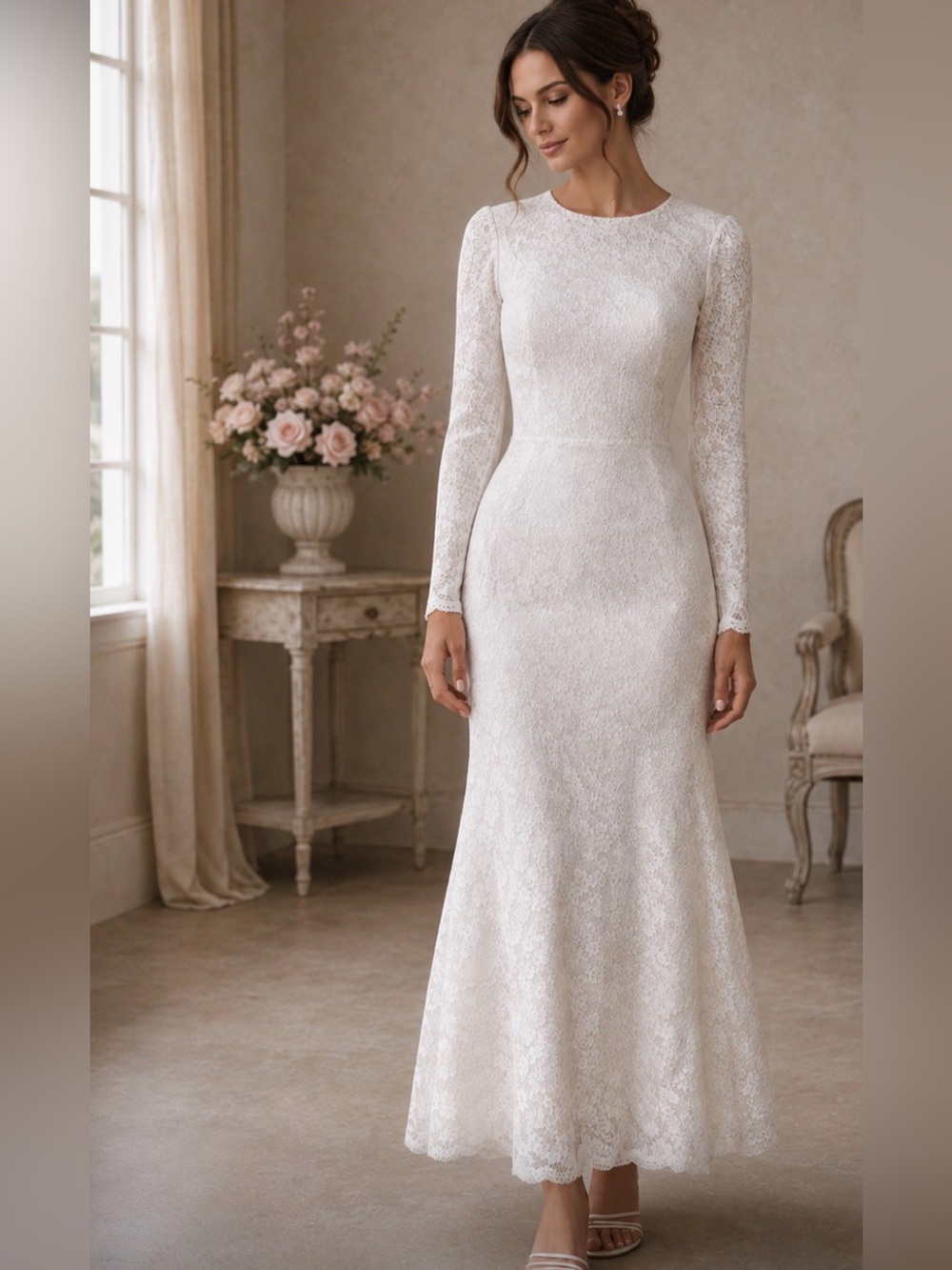 dRA Los Angeles White Floral Long Sleeve Lace Maxi Dress Size M - Picture 1 of 10